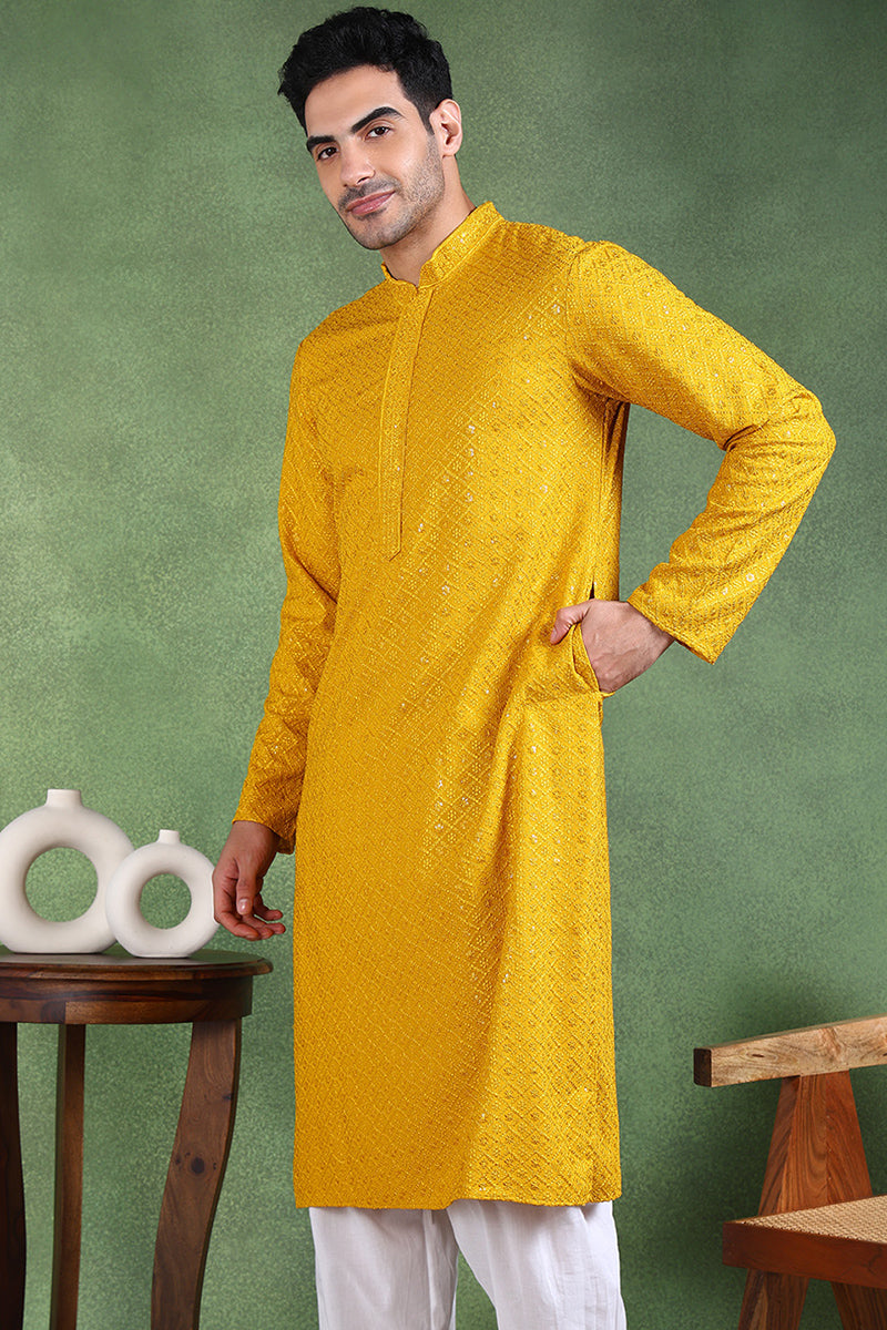 Ethnic Bay Mustard Viscose Rayon Solid Embroidered Straight Kurta For Men MKU1007YLW