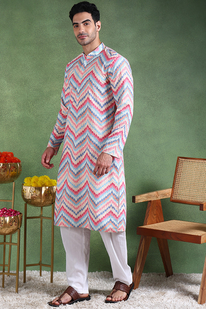 Ethnic Bay Pink Viscose Rayon Ikat Embroidered Straight Kurta For Men MKU1008PNK