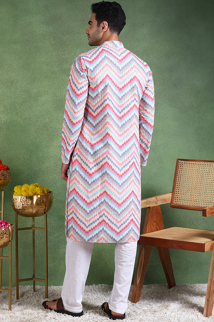 Ethnic Bay Pink Viscose Rayon Ikat Embroidered Straight Kurta For Men MKU1008PNK