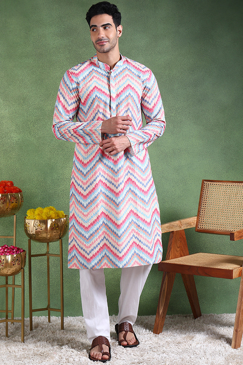 Ethnic Bay Pink Viscose Rayon Ikat Embroidered Straight Kurta For Men MKU1008PNK