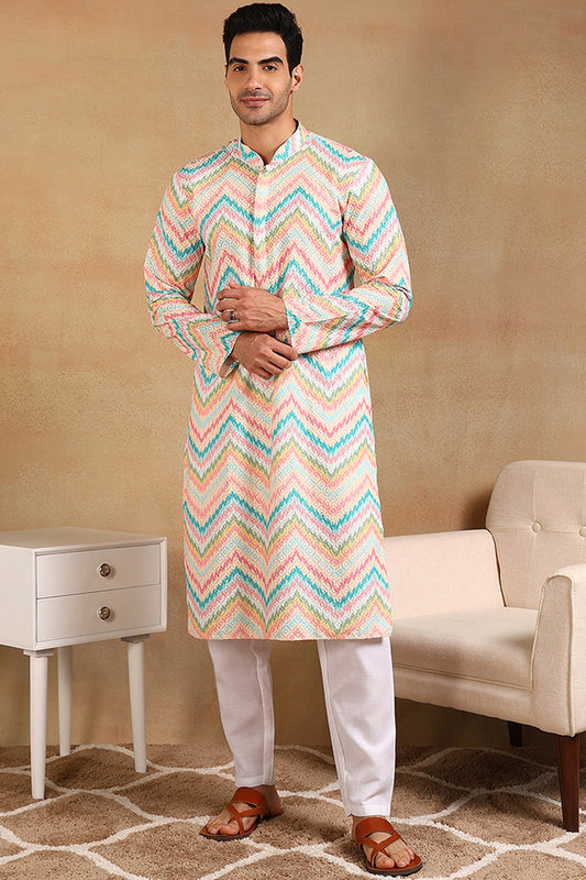 Ethnic Bay Teal Viscose Rayon Chevron Embroidered Straight Kurta For Men MKU1008TIL