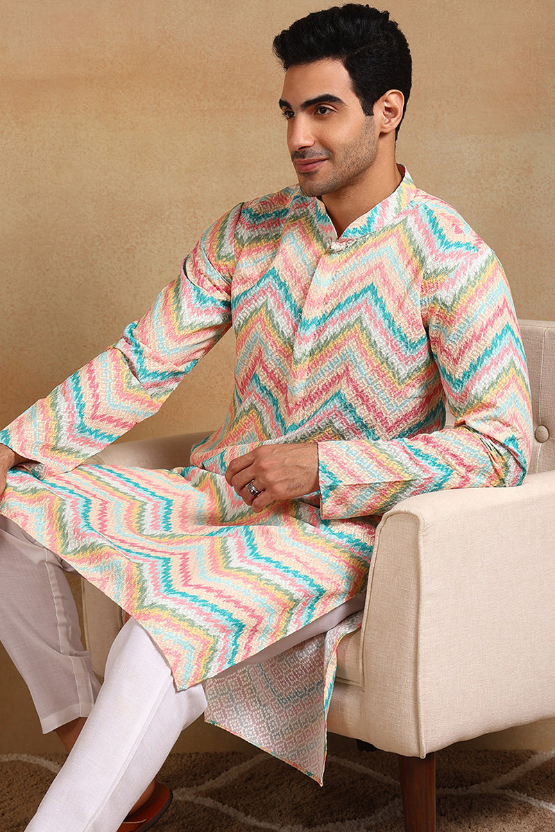 Ethnic Bay Teal Viscose Rayon Chevron Embroidered Straight Kurta For Men MKU1008TIL