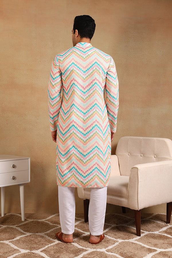 Ethnic Bay Teal Viscose Rayon Chevron Embroidered Straight Kurta For Men MKU1008TIL