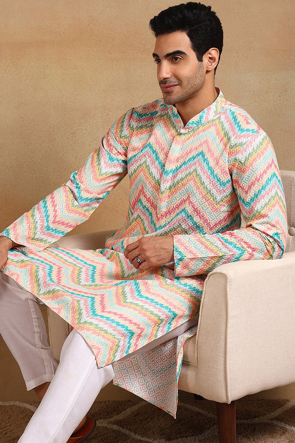 Ethnic Bay Teal Viscose Rayon Chevron Embroidered Straight Kurta For Men MKU1008TIL