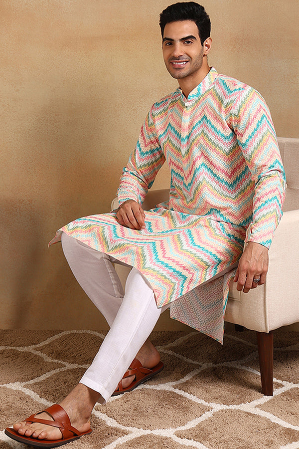 Ethnic Bay Teal Viscose Rayon Chevron Embroidered Straight Kurta For Men MKU1008TIL