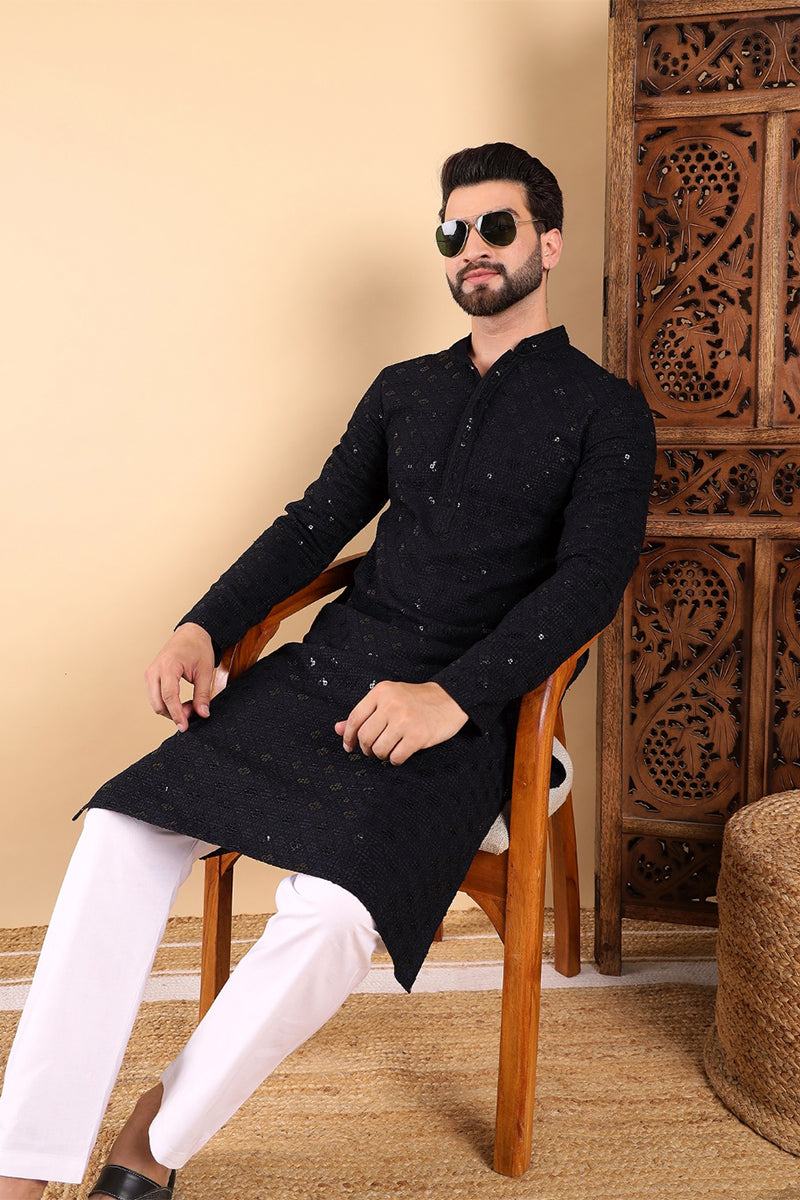 Black Viscose Rayon Solid Embroidered Straight Kurta For Men MKU1010BLK