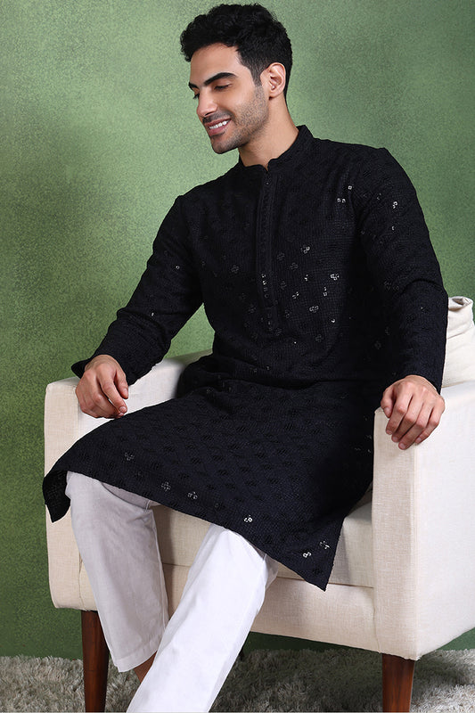 Black Viscose Rayon Solid Embroidered Straight Kurta For Men MKU1010BLK