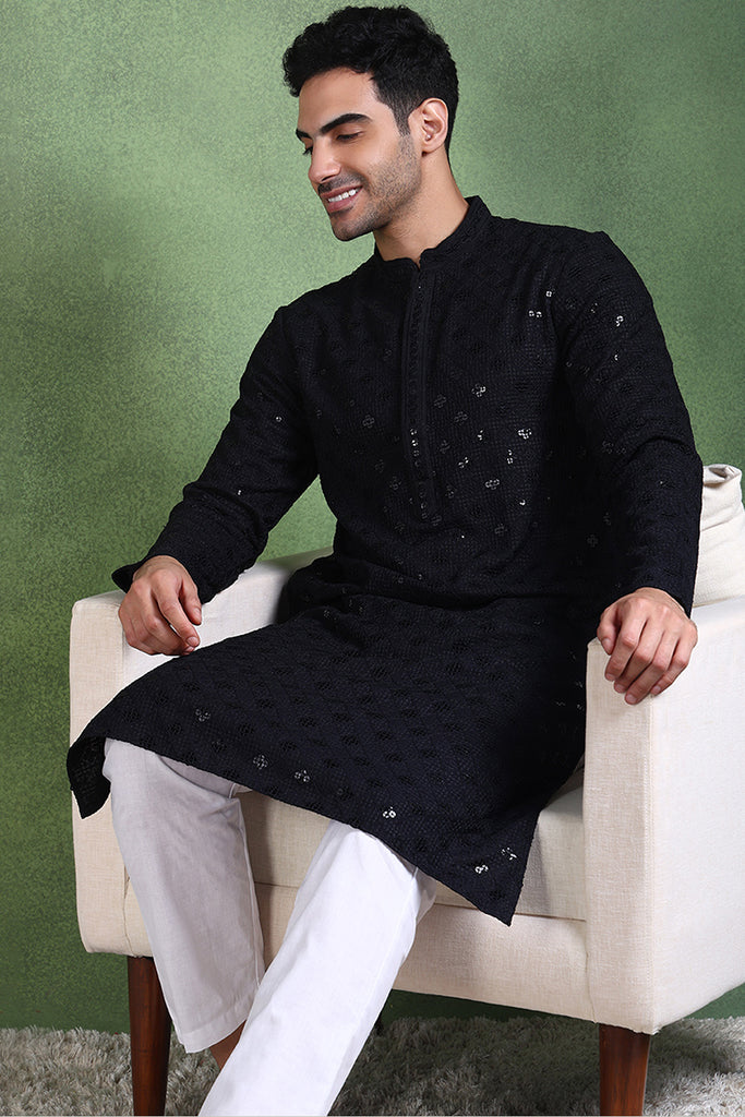 Ethnic Bay Black Viscose Rayon Solid Embroidered Straight Kurta For Men MKU1010BLK