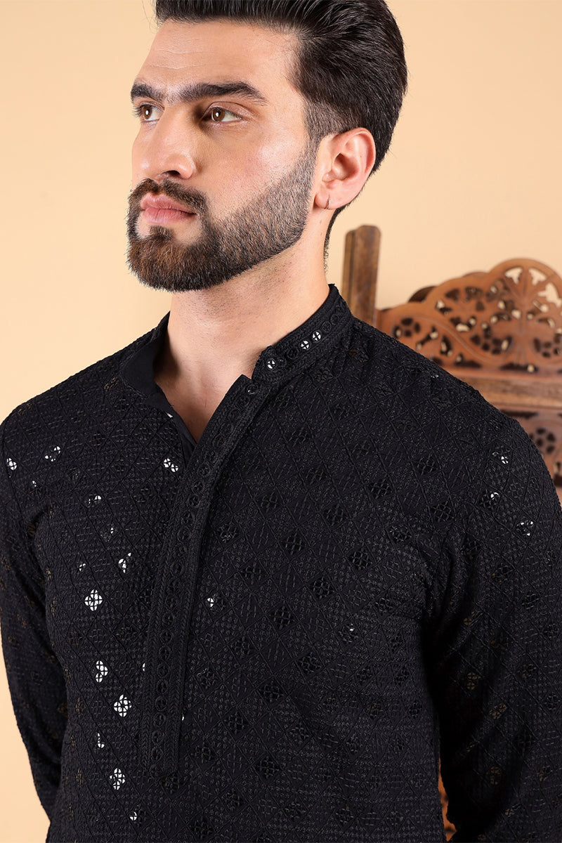 Black Viscose Rayon Solid Embroidered Straight Kurta For Men MKU1010BLK