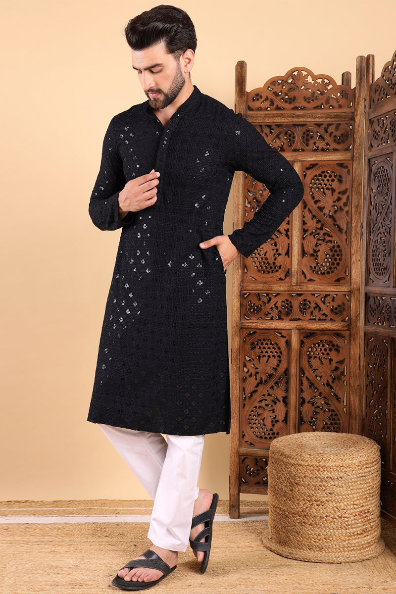 Black Viscose Rayon Solid Embroidered Straight Kurta For Men MKU1010BLK