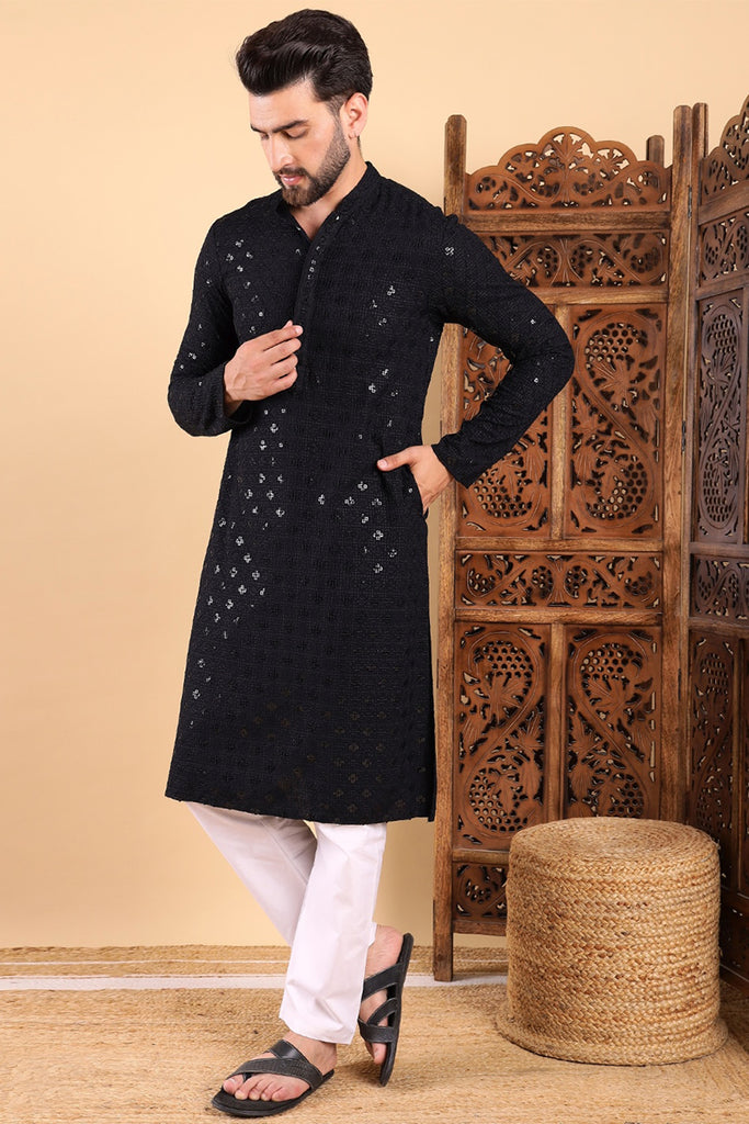 Black Viscose Rayon Solid Embroidered Straight Kurta For Men MKU1010BLK