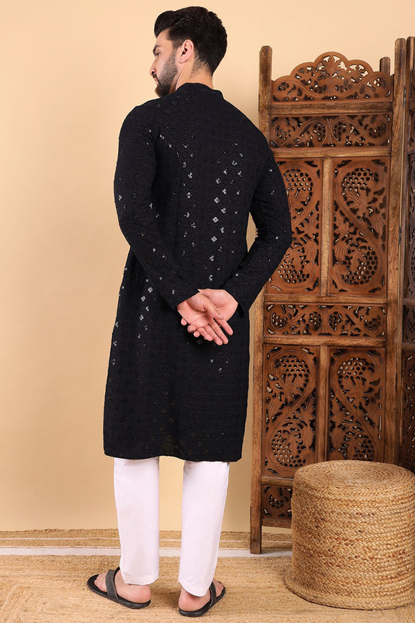 Black Viscose Rayon Solid Embroidered Straight Kurta For Men MKU1010BLK