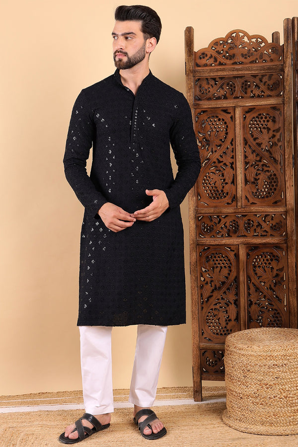 Black Viscose Rayon Solid Embroidered Straight Kurta For Men MKU1010BLK