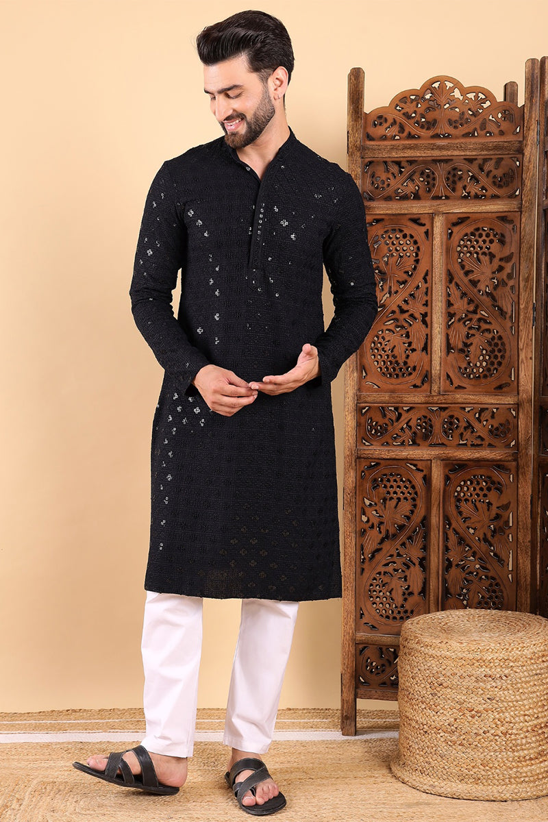 Black Viscose Rayon Solid Embroidered Straight Kurta For Men MKU1010BLK