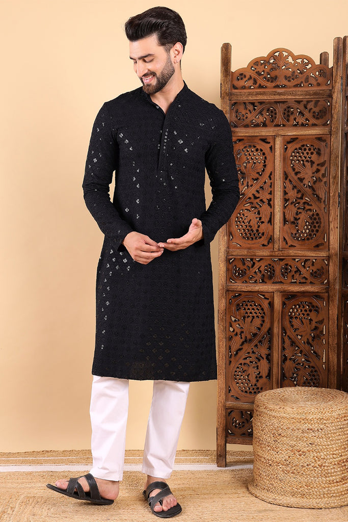 Black Viscose Rayon Solid Embroidered Straight Kurta For Men MKU1010BLK