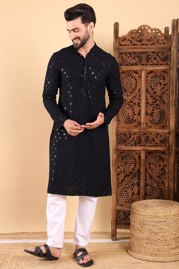 Black Viscose Rayon Solid Embroidered Straight Kurta For Men MKU1010BLK