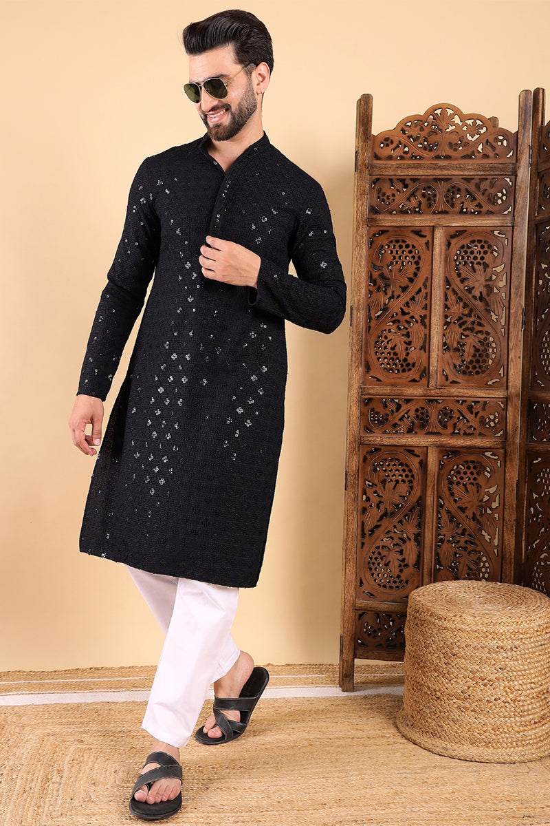 Black Viscose Rayon Solid Embroidered Straight Kurta For Men MKU1010BLK