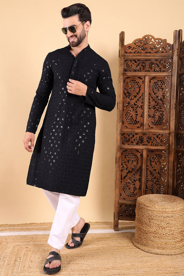 Black Viscose Rayon Solid Embroidered Straight Kurta For Men MKU1010BLK