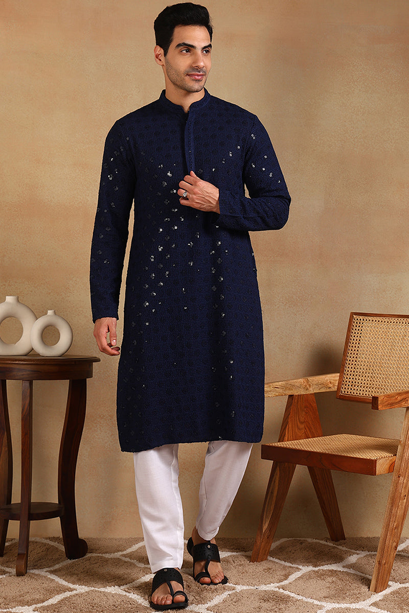 Ethnic Bay Navy Blue Viscose Rayon Solid Embroidered Straight Kurta For Men MKU1010BLU