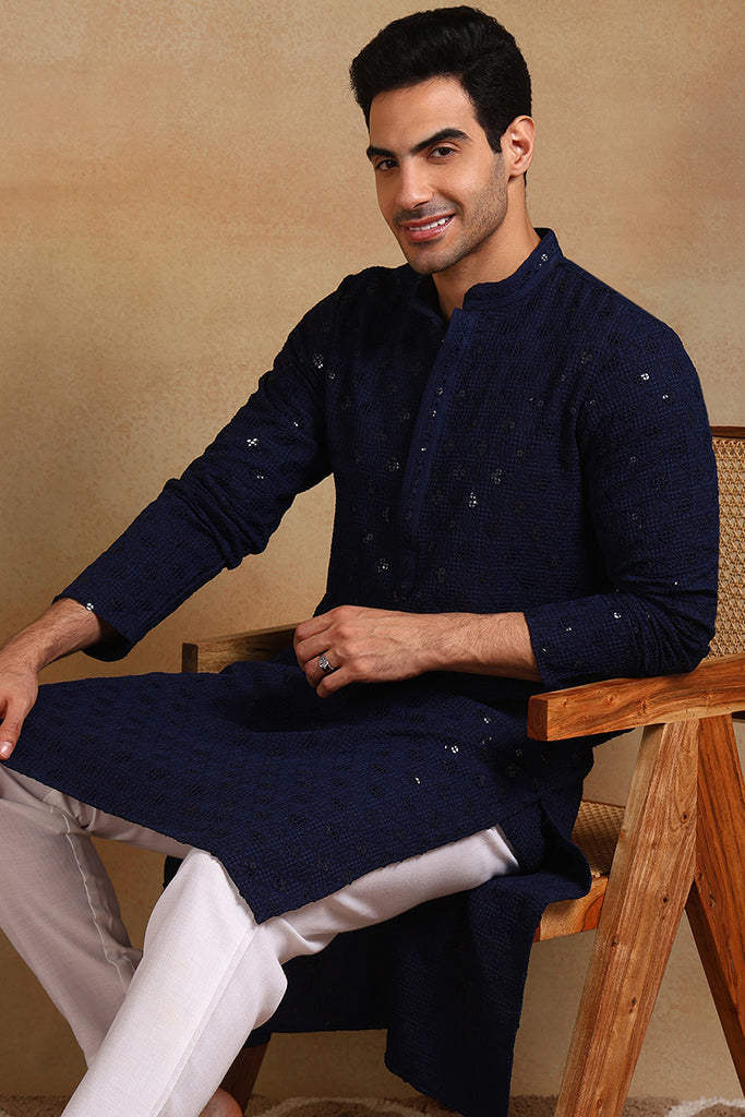 Ethnic Bay Navy Blue Viscose Rayon Solid Embroidered Straight Kurta For Men MKU1010BLU