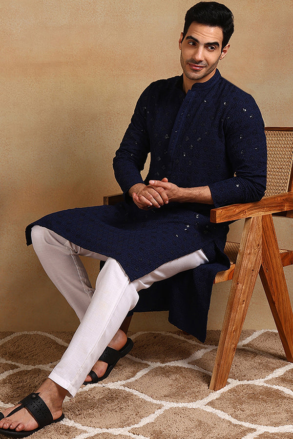 Navy Blue Viscose Rayon Solid Embroidered Straight Kurta For Men MKU1010BLU