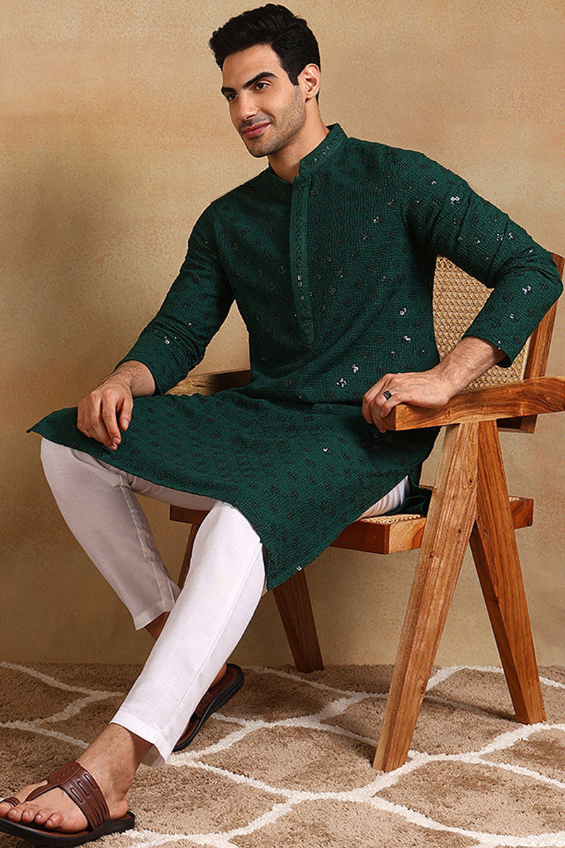 Ethnic Bay Green Viscose Rayon Solid Embroidered Straight Kurta For Men MKU1010GRN