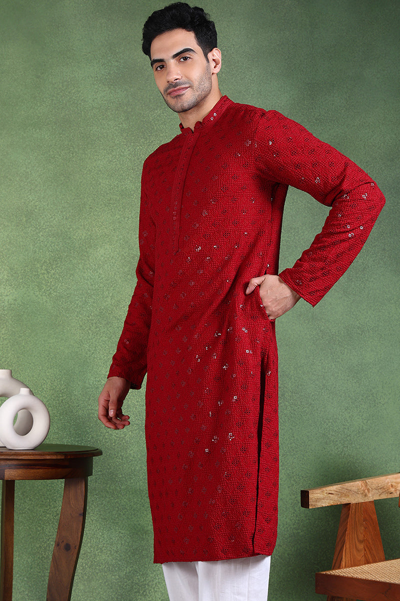 Ethnic Bay Maroon Viscose Rayon Solid Embroidered Straight Kurta For Men MKU1010MRN