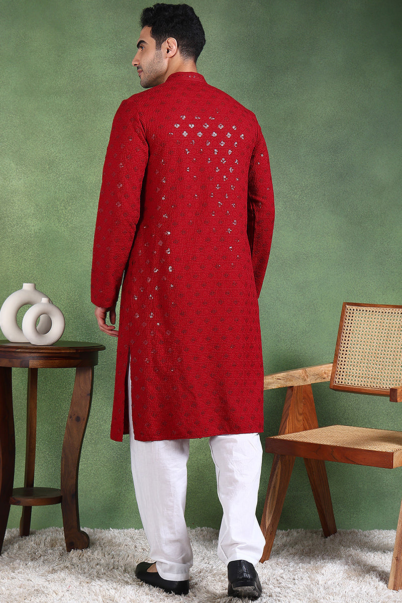 Ethnic Bay Maroon Viscose Rayon Solid Embroidered Straight Kurta For Men MKU1010MRN