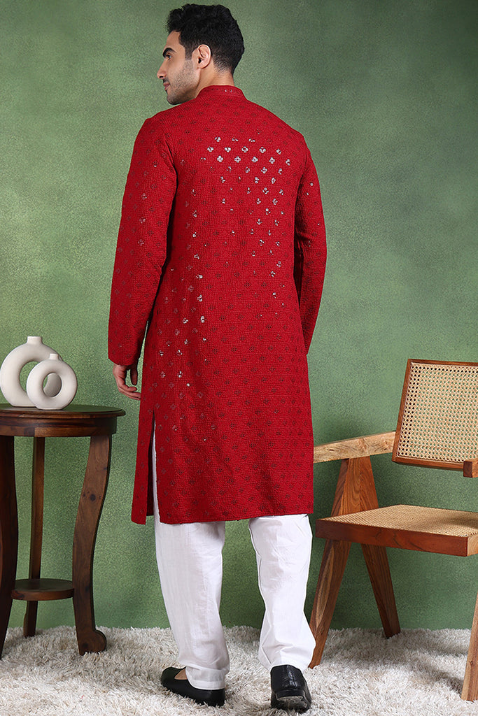 Ethnic Bay Maroon Viscose Rayon Solid Embroidered Straight Kurta For Men MKU1010MRN