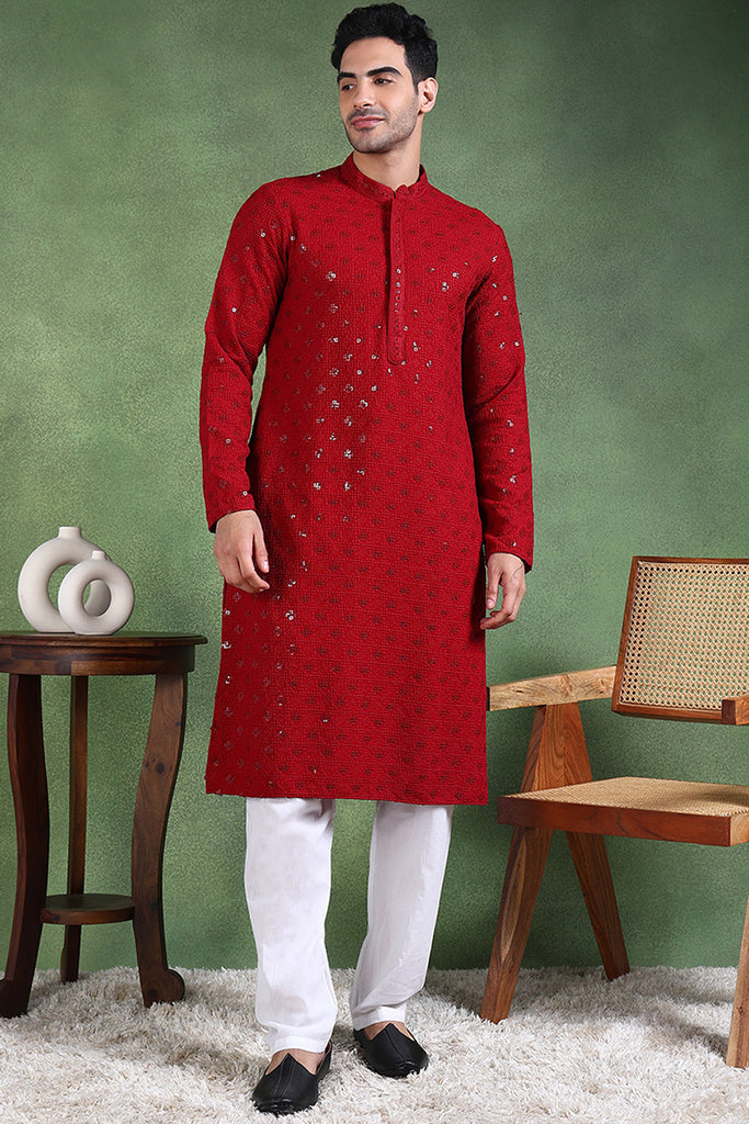 Ethnic Bay Maroon Viscose Rayon Solid Embroidered Straight Kurta For Men MKU1010MRN