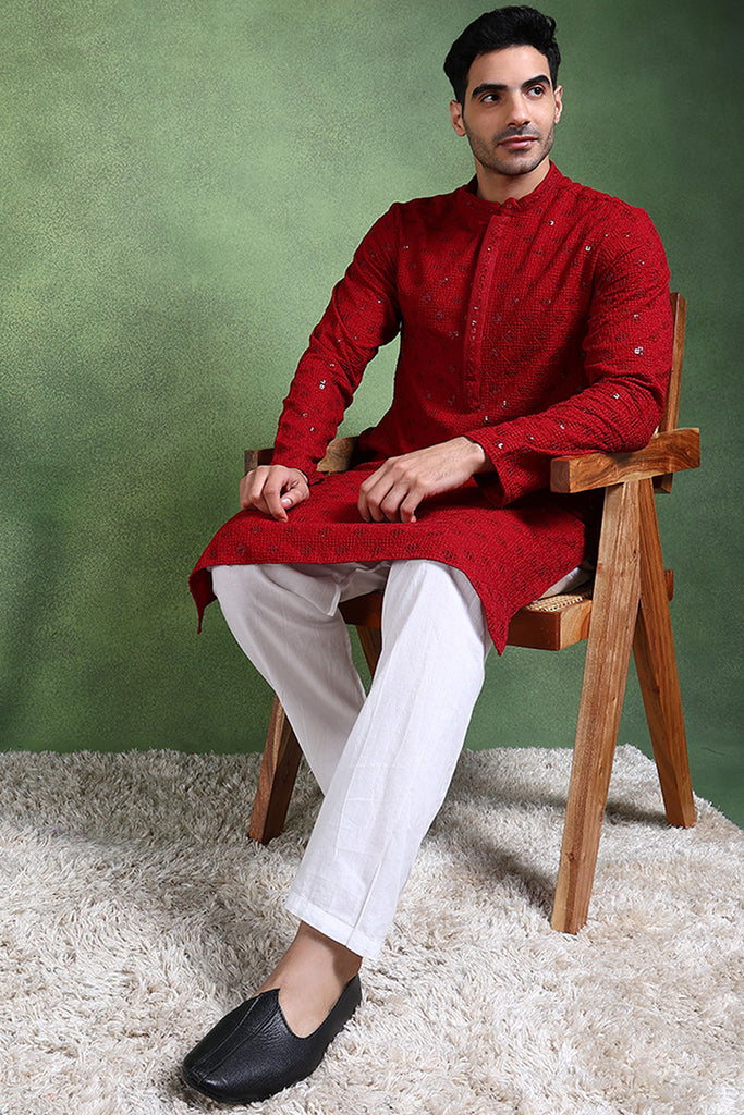 Ethnic Bay Maroon Viscose Rayon Solid Embroidered Straight Kurta For Men MKU1010MRN