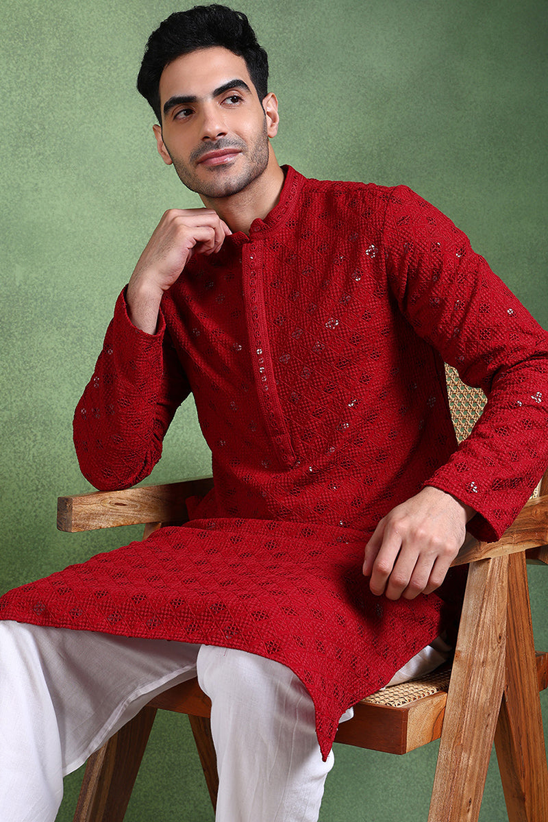 Ethnic Bay Maroon Viscose Rayon Solid Embroidered Straight Kurta For Men MKU1010MRN