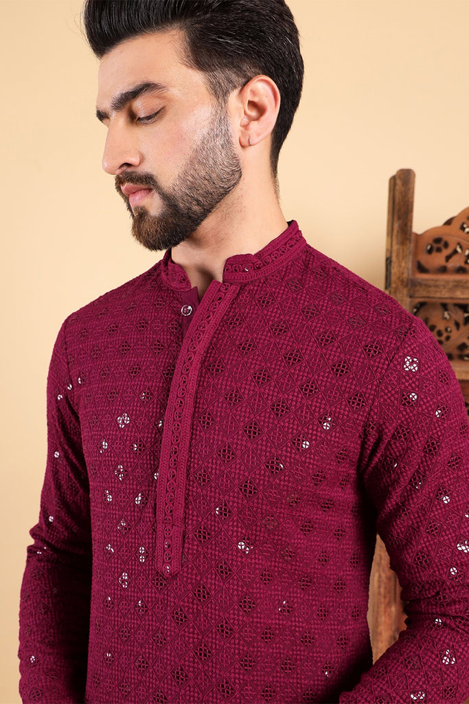 Wine Viscose Rayon Solid Embroidered Straight Kurta For Men MKU1010WIN