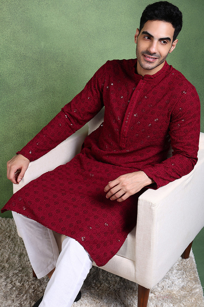 Ethnic Bay Wine Viscose Rayon Solid Embroidered Straight Kurta For Men MKU1010WIN