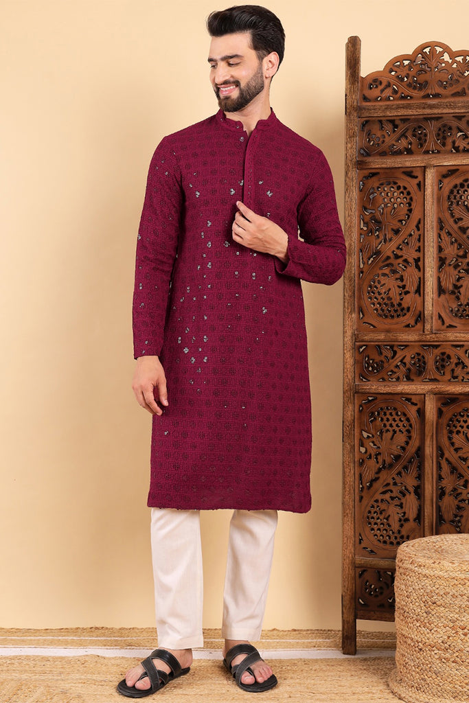 Wine Viscose Rayon Solid Embroidered Straight Kurta For Men MKU1010WIN
