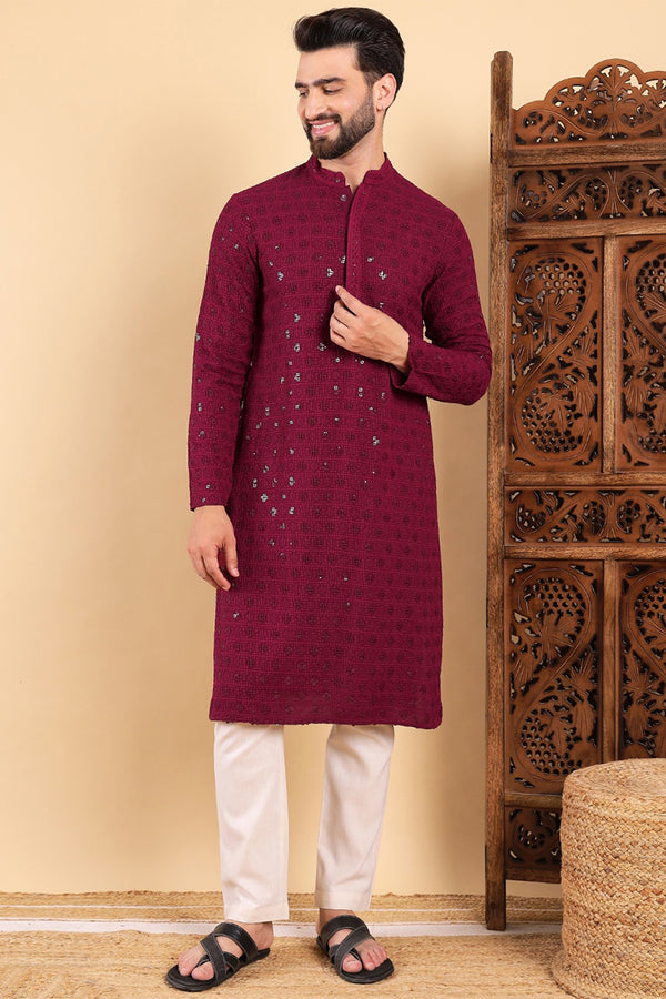 Wine Viscose Rayon Solid Embroidered Straight Kurta For Men MKU1010WIN