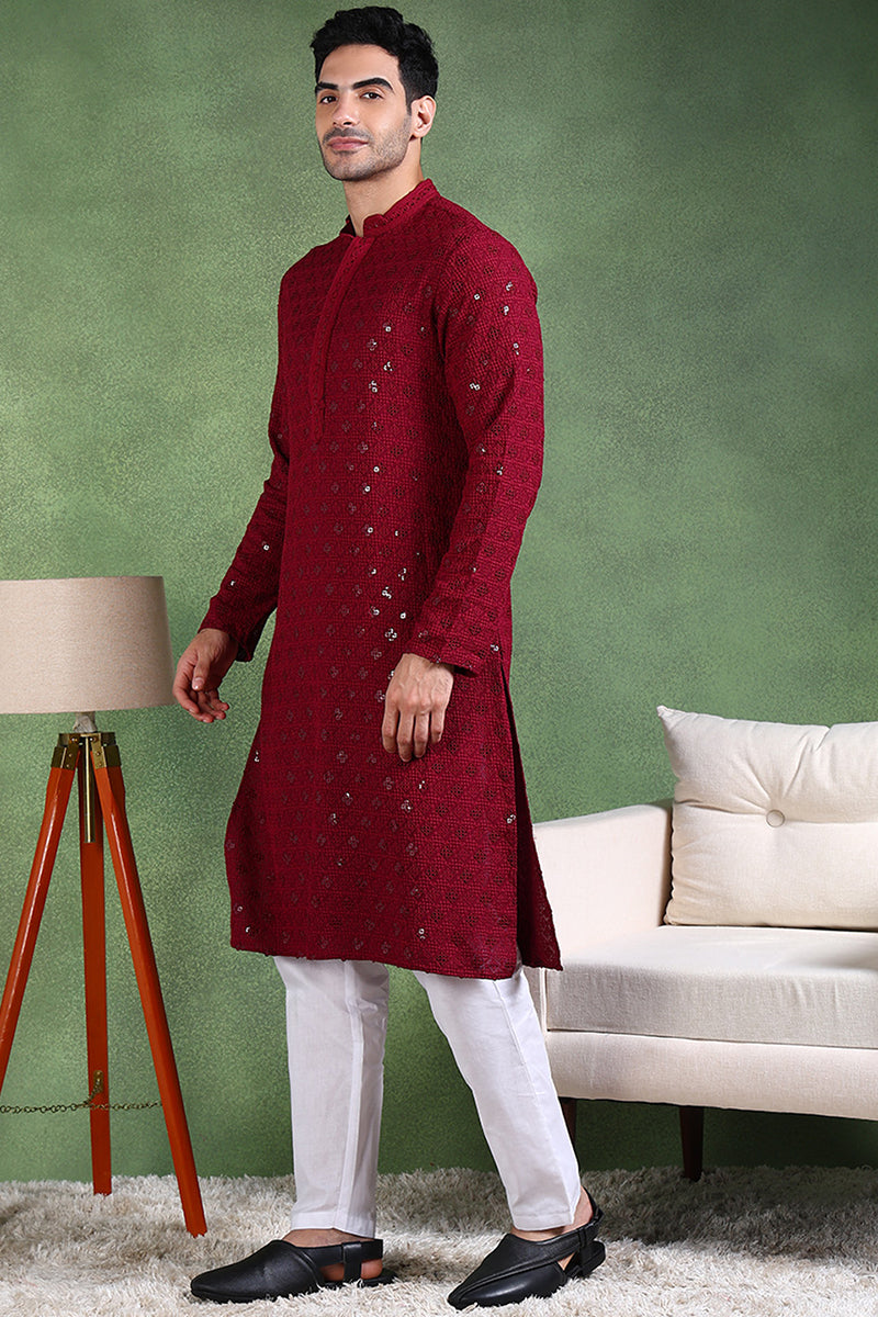 Ethnic Bay Wine Viscose Rayon Solid Embroidered Straight Kurta For Men MKU1010WIN