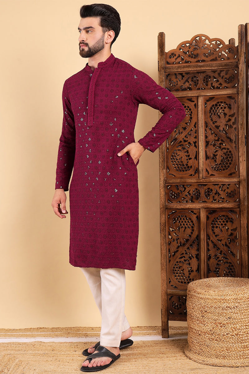Wine Viscose Rayon Solid Embroidered Straight Kurta For Men MKU1010WIN
