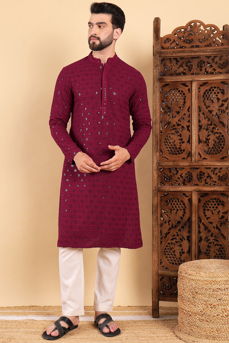 Wine Viscose Rayon Solid Embroidered Straight Kurta For Men MKU1010WIN
