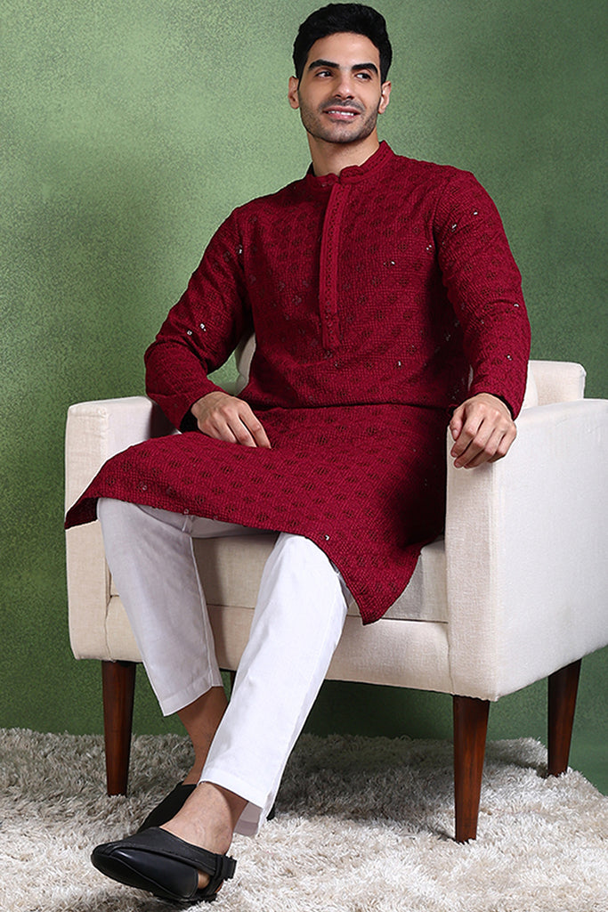 Ethnic Bay Wine Viscose Rayon Solid Embroidered Straight Kurta For Men MKU1010WIN