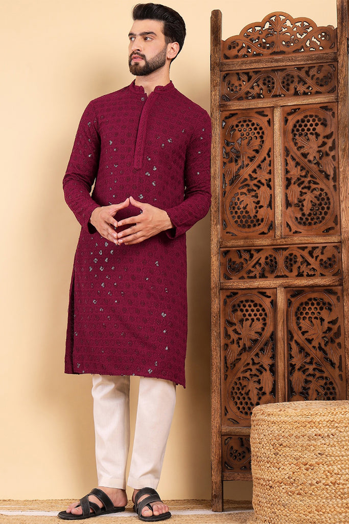 Wine Viscose Rayon Solid Embroidered Straight Kurta For Men MKU1010WIN