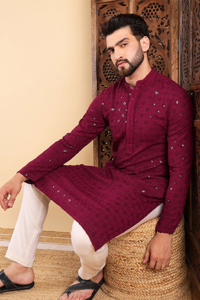 Wine Viscose Rayon Solid Embroidered Straight Kurta For Men MKU1010WIN