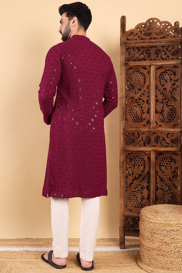 Wine Viscose Rayon Solid Embroidered Straight Kurta For Men MKU1010WIN