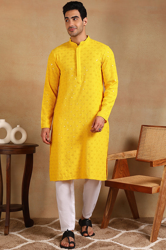 Ethnic Bay Yellow Viscose Rayon Solid Embroidered Straight Kurta For Men MKU1010YLW