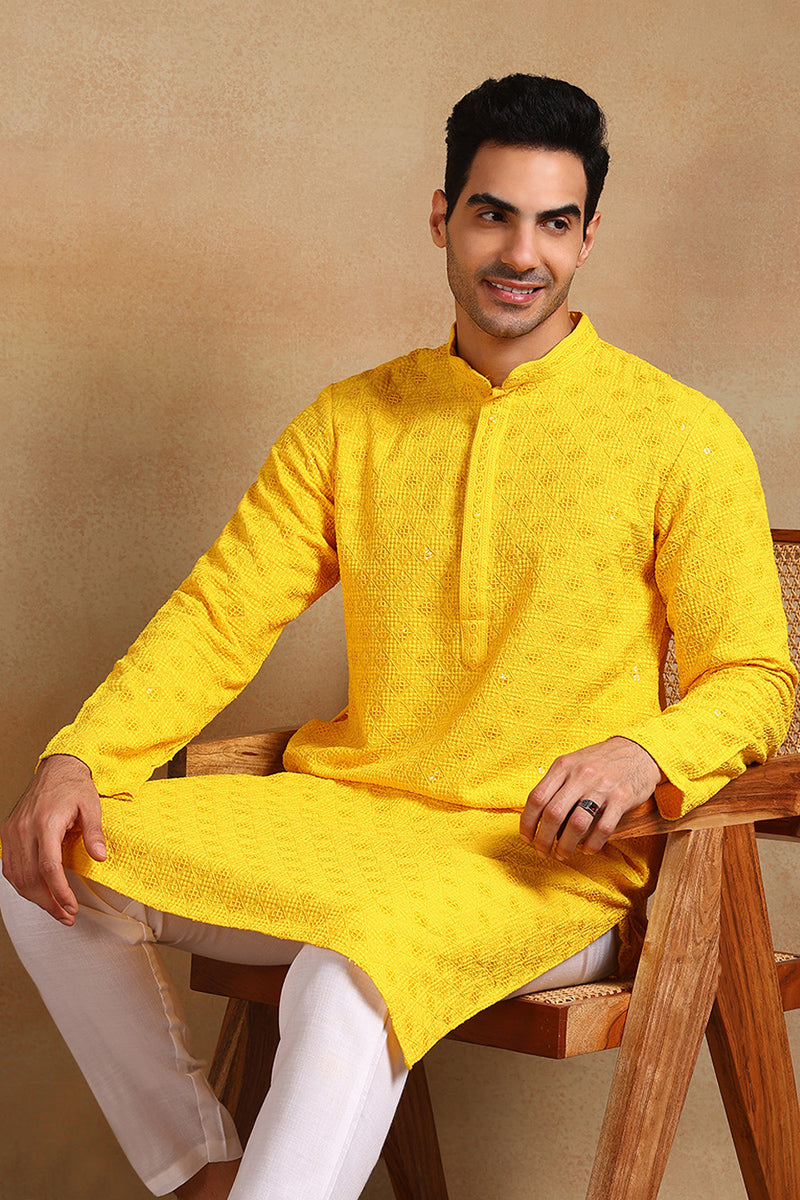 Ethnic Bay Yellow Viscose Rayon Solid Embroidered Straight Kurta For Men MKU1010YLW