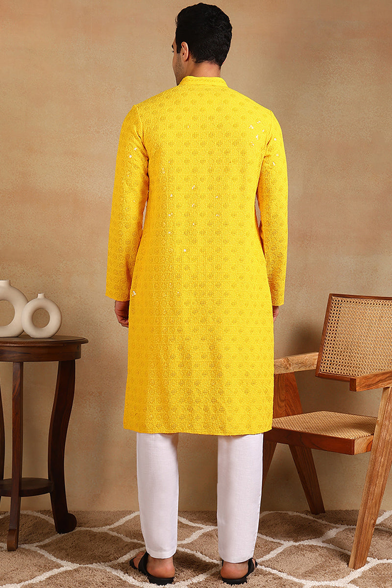 Ethnic Bay Yellow Viscose Rayon Solid Embroidered Straight Kurta For Men MKU1010YLW