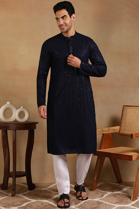 Ethnic Bay Navy Blue Viscose Rayon Solid Embroidered Straight Kurta For Men MKU1011BLU