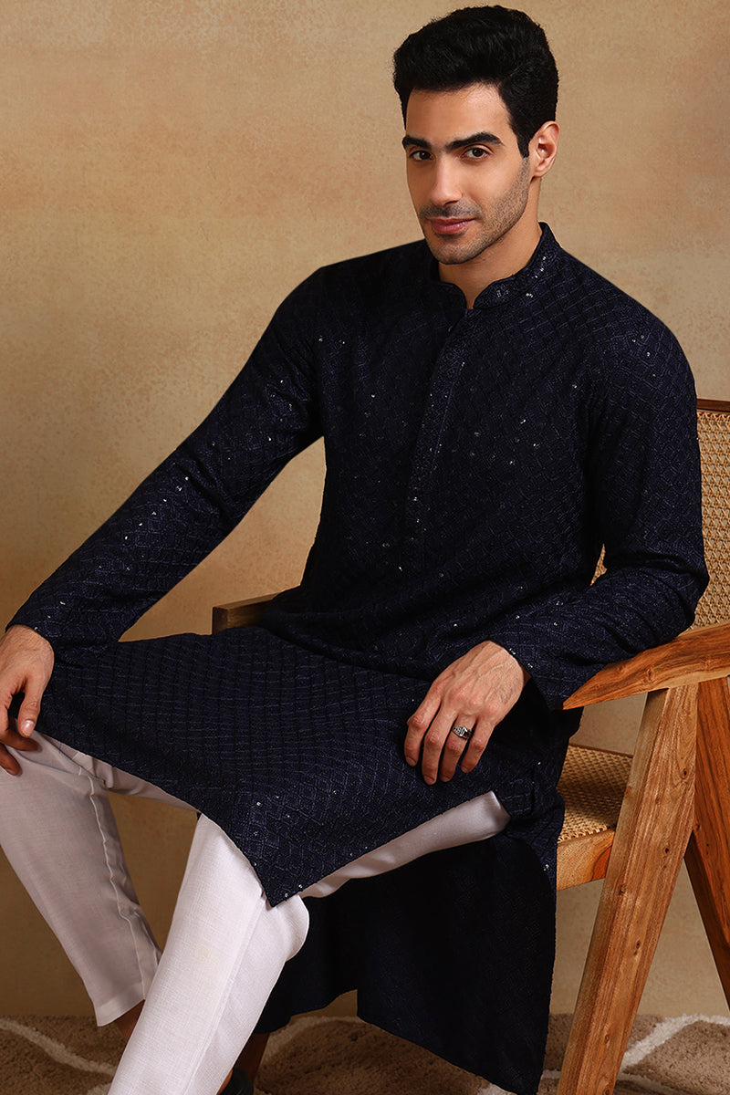 Ethnic Bay Navy Blue Viscose Rayon Solid Embroidered Straight Kurta For Men MKU1011BLU