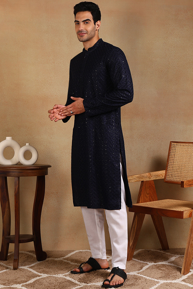 Ethnic Bay Navy Blue Viscose Rayon Solid Embroidered Straight Kurta For Men MKU1011BLU