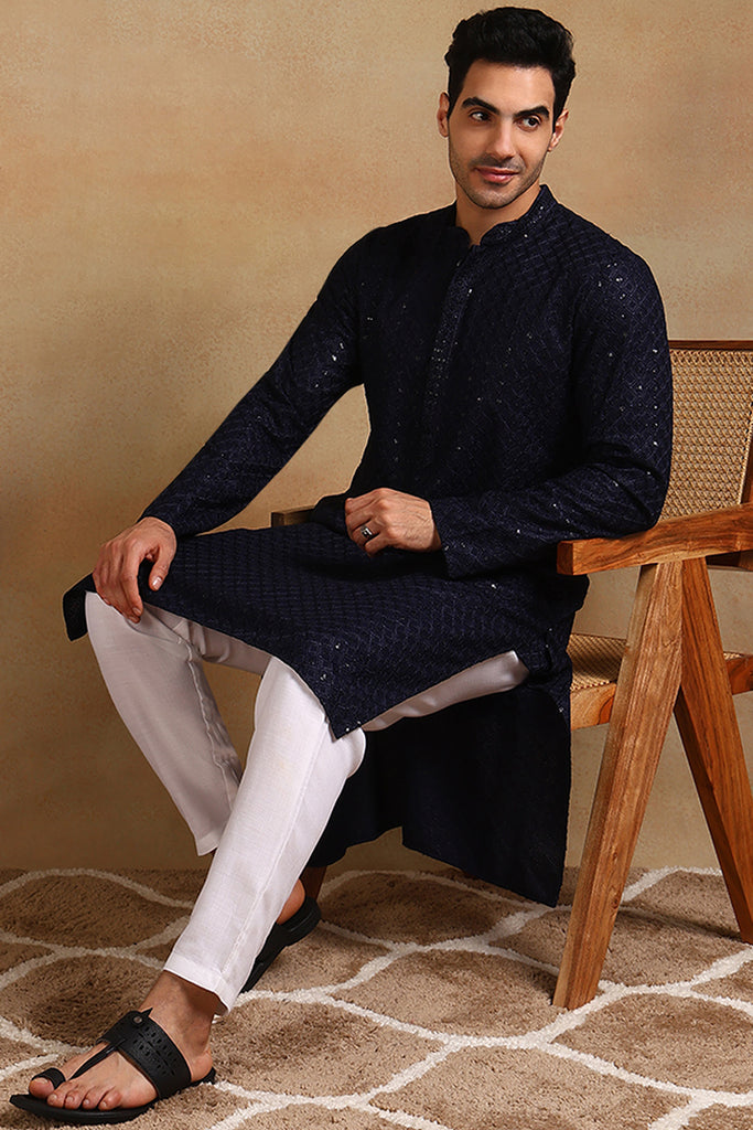 Ethnic Bay Navy Blue Viscose Rayon Solid Embroidered Straight Kurta For Men MKU1011BLU